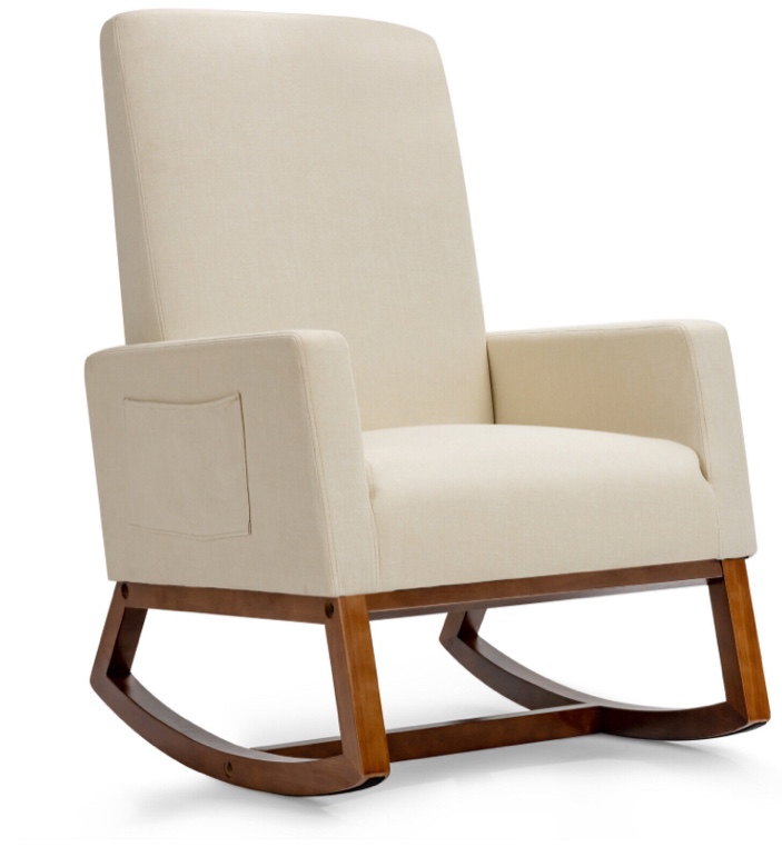 Costway Rocking Chair High Back Upholstered Lounge Armchair w/ Side Pocket Beige