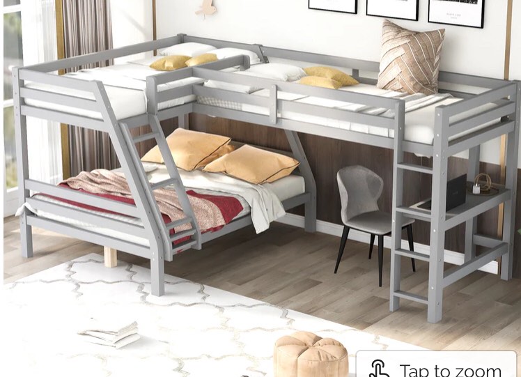 L-Shaped Twin over Full Bunk Bed and Twin Size Loft Bed with Built-in Desk,Gray(incomplete box 1of3) 