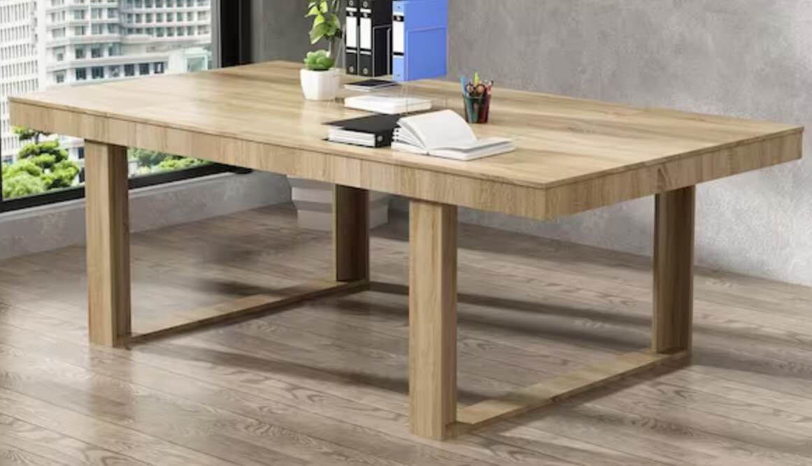 Wooden Grain Color Wood 86.6 in. Width Rectangle Double-based Dining Table, Meeting Table for 6-10