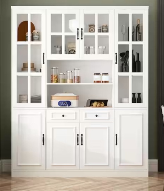White Wood 63 in. W Buffet and Hutch Kitchen Cabinet With Glass Doors, 2-Drawers, Adjustable Shelves(incomplete) 