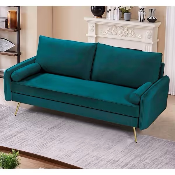 Villeda 70 in. Square Arms Velvet Rectangle Sofa in Greenish Blue( incomplete box 1/2)