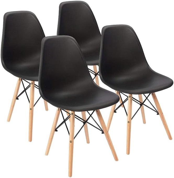 Furmax Pre Assembled Style Mid Century Modern DSW Shell Lounge Plastic Kitchen, Dining, Bedroom, Living Room Side Chairs Set of 4, Black