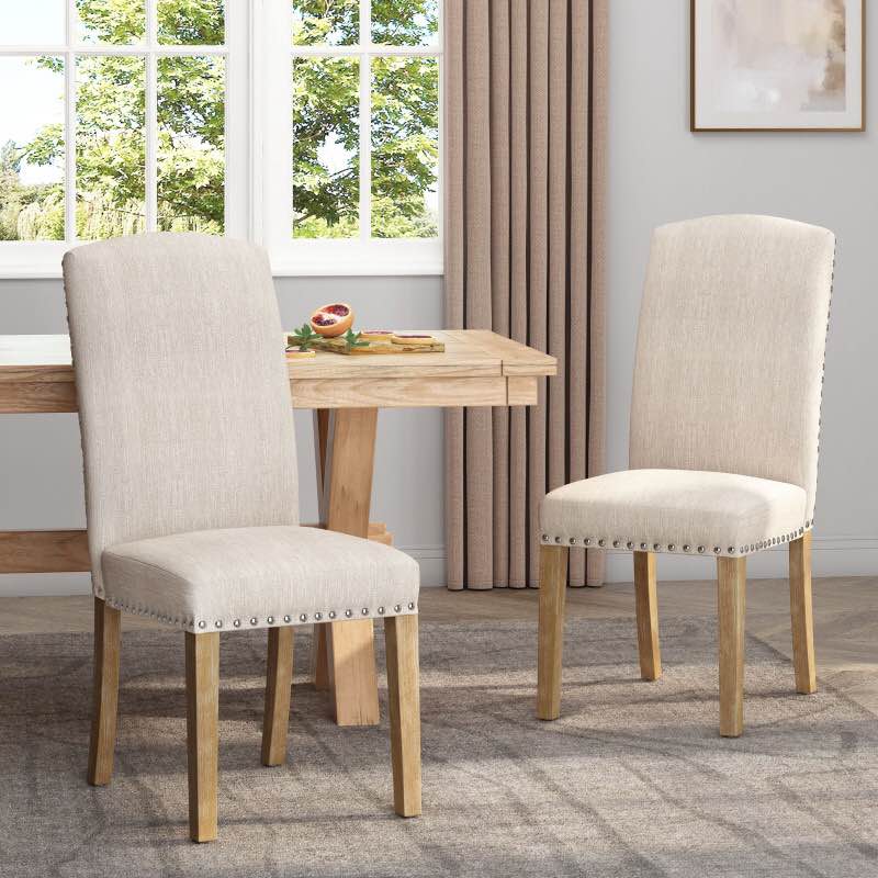 Filly Contemporary Fabric Dining Chair with Nailhead Trim (Set of 2), Beige and Natural in Beige/Natural