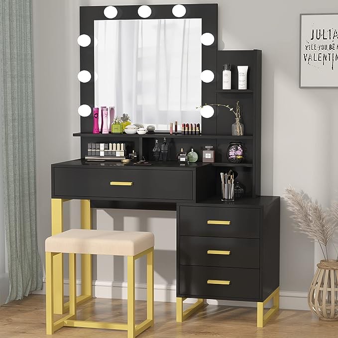 PAKASEPT Vanity Set with Lighted Mirror, Makeup Vanity Dressing Table with LED Light, Drawers, Storage Shelves and Cushioned Stool, Small Vanity Desk for Bedroom (Black, 39.4"Lx15.7"Wx63"H)