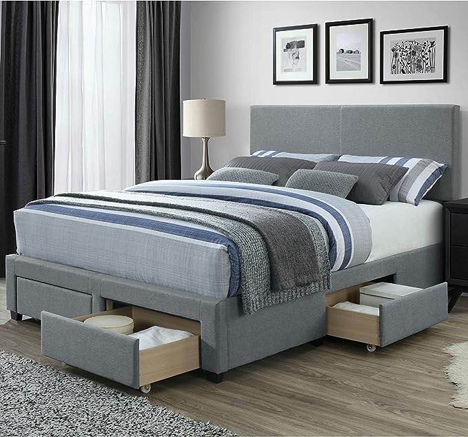 DG Casa Kelly Panel Bed Frame with Storage Drawers and Upholstered Headboard, Queen Size in Grey Linen Style Fabric( incomplete box 2/2)