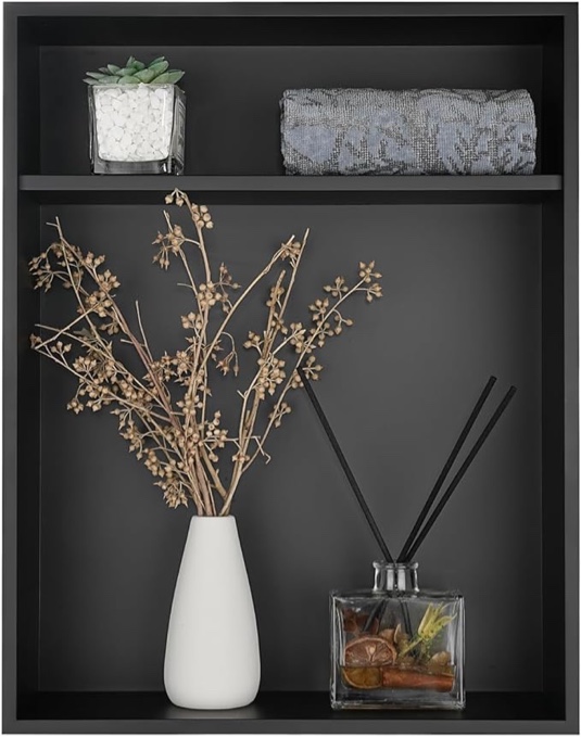 JQK Shower Niche No Tile Need, 18"×14" Matte White Bathroom Insert Shelf 2 Layer, 304 Stainless Steel Recessed Shower Caddy Organizer Storage, SNL1814D-PB