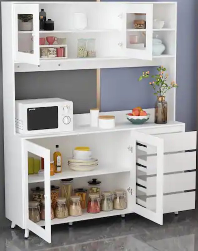  incomplete SKU:KF210128-40 (1/2)63 in. W Kitchen White Wood Buffet Sideboard Pantry Cabinet with Doors, 4-Drawers, Hooks, Open Shelves for Dining Room