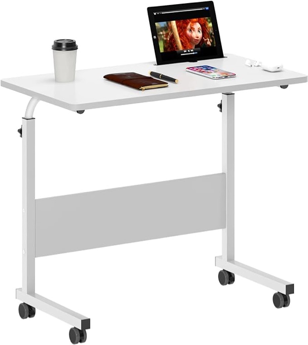 Rolling Laptop Stands Desk Cart Height Adjustable, soges 31.5 inches Mobile Sofa Side Table with Tablet Slot, Portable Standing Laptop Table, Small C Table for Couch Bed Sofa, White