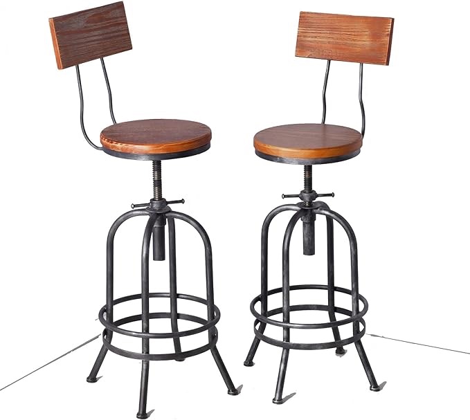 Diwhy Industrial Bar Stool Adjustable Backrest Metal Stool Counter Height Bar Stool with Footrest-for Kitchen,Dining Side Chair,Pub,Bistro,Silver, Set of 2