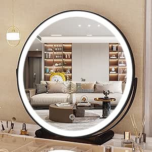 Hasipu Vanity Mirror with Lights, 16" LED Makeup Mirror, Lighted Makeup Mirror with Lights, Smart Touch Control 3 Colors Dimmable Round Mirror 360Â°Rotation Black