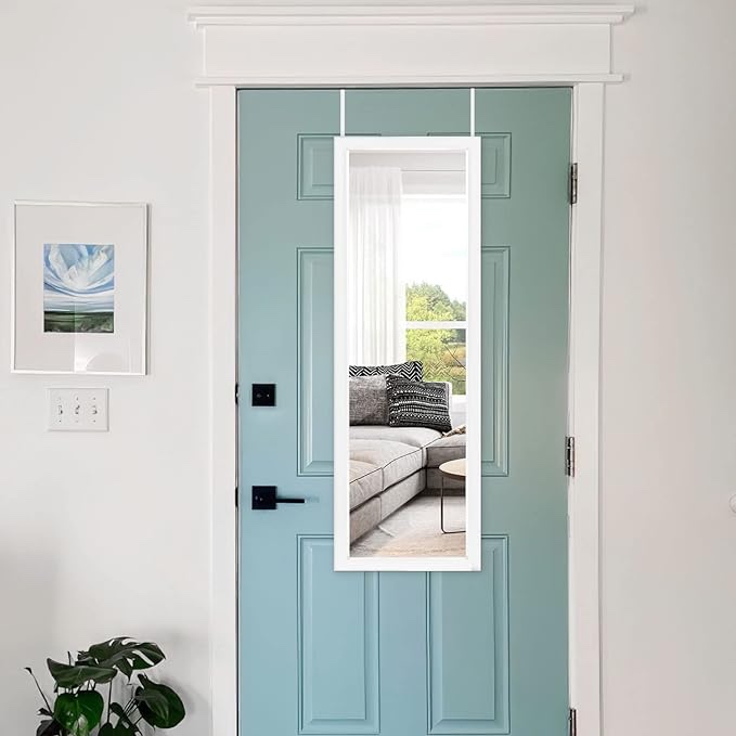 NeuType Over The Door Full Length Mirror, 43" x 16" Door Wall Mirror, Wall Mount Over The Door Hanging Mirror with 2 Metal Hangers for Wall Bedroom, Bathroom, Living Room, Decor (White)