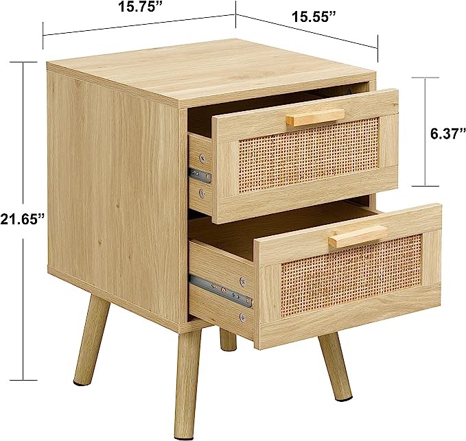Finnhomy Nightstand, End Table, Side Table with 2 Hand Made Rattan Decorated Drawers, Nightstands Set of 2, Wood Accent Table with Storage for Bedroom, Natural