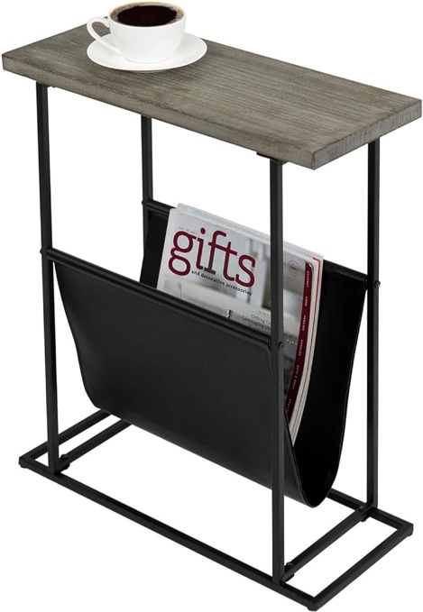 MyGift 21-Inch Modern Narrow Living Room End Table with Rustic Gray Solid Wood Tabletop and Black Metal Frame, Bedroom Nightstand Side Table with Magazine Holder Sling