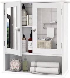 TaoHFE Wall Mounted Bathroom Cabinet with 2 Mirror Doors and Open Shelf Wooden Medicine Cabinet Storage for Bathroom&Living Room&Kitchen (White)