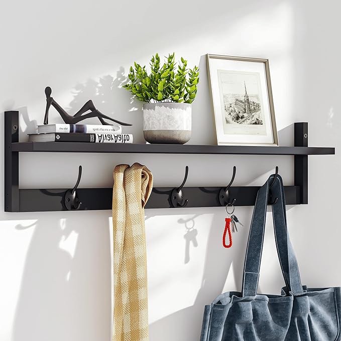 BAMEOS Wall Hooks with Shelf 28.9 Inch Length Entryway Wall Hanging Shelf Wood Coat Hooks for Wall with Shelf Wall-Mounted Coat Hook Rack with 5 Dual Hooks for Bathroom, Living Room, Bedroom (Black )