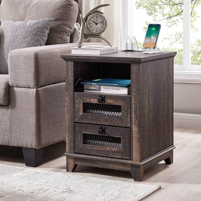 Farmhouse Nightstand with Charging Station, OKD Square End Table with 2 Drawers, Dark Rustic Oak