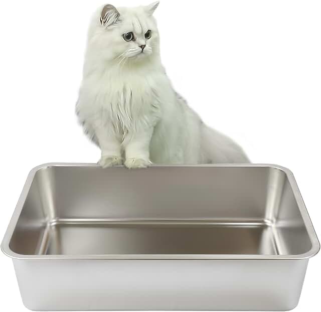 Stainless Steel Cat Litter Box, Large Metal Litter Box for Cats Rabbits, Never Absorbs Odors,Stain Free, Rustproof, Non Stick Smooth Surface, Anti-Slip Rubber Bottom, 23.5" L x 15.5" W x 6" H