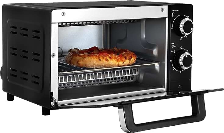 Total Chef 4-Slice Toaster Oven, 1000W, Black Compact Countertop Oven with Natural Convection, Temperature Control Dial, 30 Minute Timer, Bake, Toast, Roast, Includes Baking Pan and Toasting Rack