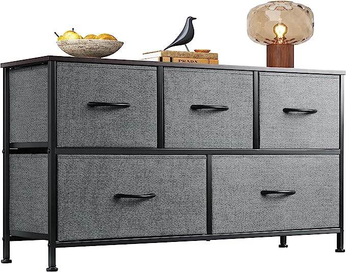 WLIVE Dresser for Bedroom with 5 Drawers, Wide Chest of Drawers, Fabric Dresser, Storage Organizer Unit with Fabric Bins for Closet, Living Room, Hallway, Nursery, Dark Grey