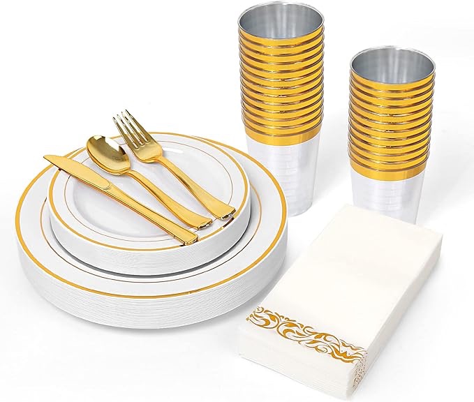 BAYZZ 175 Piece Gold Dinnerware Set, 25 Guest Gold Rim Plastic Plates, 25 Gold Plastic Silverware, 25 Gold Cups, 25 Gold Napkins, Disposable Dinnerware Set 25 Guest, For Wedding, Party