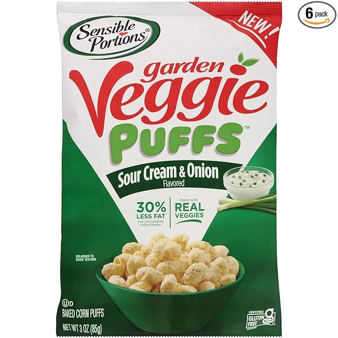Sensible Portions Garden Veggie Sour Cream & Onion Flavored Baked Corn Puffs, 3 oz (Pack of 6)