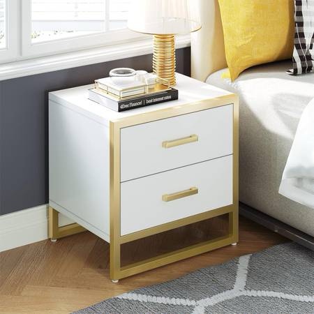 (Box 2 of 2)YITAHOME Nightstand with 2 Drawers, Small End Side Table with Storage, Modern Bedside Bed Table with Metal Frame for Small Space, Bedroom and Living Room, White