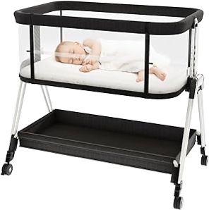 Fodoss Baby Bassinet Bedside Sleeper with Wheels and Storage Tray,4-Sided Mesh Bedside Bassinet Co Sleeper for Infant/Newborn,7 Height Adjustable Easy Folding Bedside Crib