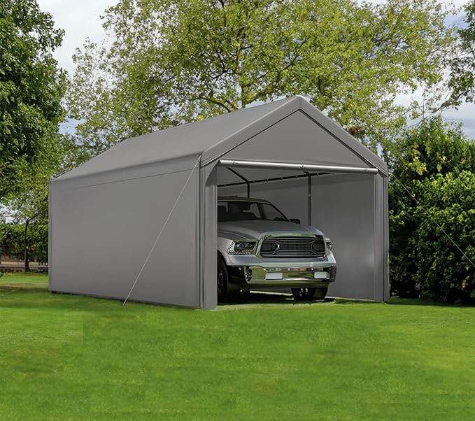 Outdoor Carport 10x20ft Heavy Duty Canopy Storage Shed,Portable Garage Party Tent,Portable Garage with Removable Sidewalls & Doors All-Season Tarp for Car,Truck,Party Grey…