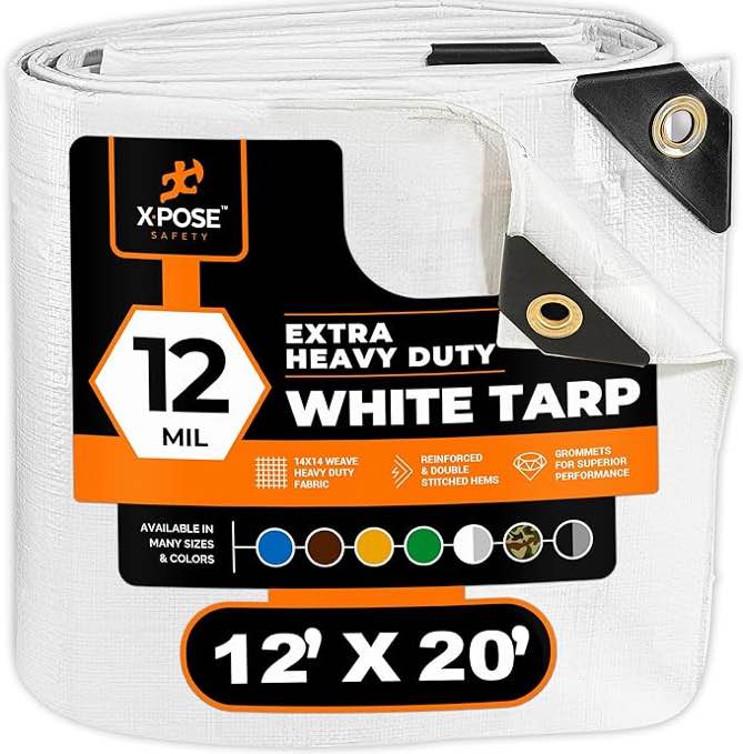 Heavy Duty White Poly Tarp 12' x 20' Multipurpose Protective Cover - Durable, Waterproof, Weather Proof, Rip and Tear Resistant - Extra Thick 12 Mil Polyethylene - by Xpose Safety