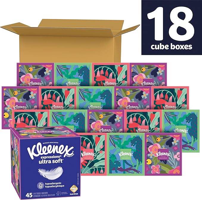 Kleenex Expressions Ultra Soft Facial Tissues, Soft Facial Tissue, 18 Cube Boxes, 60 Tissues per Box, 3-Ply (1,080 Total Tissues)