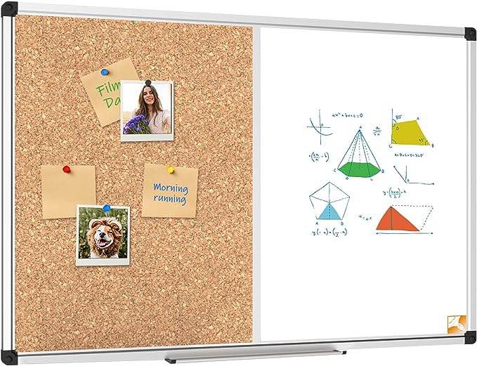 Dexboard 48 x 36 Inch Magnetic Combo Board Half Dry Erase Board Cork Board , Wall Mounted Whiteboard & Corkboard Combination Board, Silver Aluminum Frame