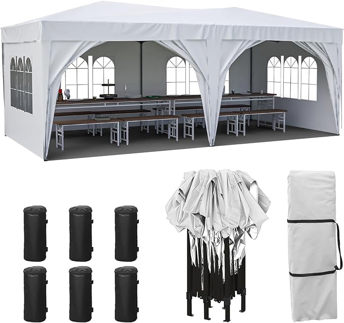 Rovibek Canopy Tent 10x20 Pop Up Canopy Party Tents for Parties Outdoor, with Sidewalls, 6 Pcs Weight Bags, Carrying Bag, for Patio Deck Garden Beach Backyard, Waterproof Heavy Duty, White White  10x20 canopy tents with 6 sand bags