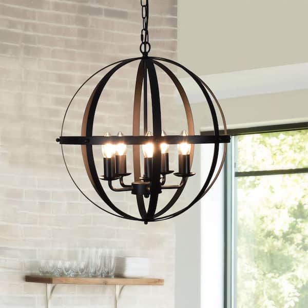 Depuley 5-Light Matte Black Globe Metal Tier Pendant Light, Adjustable Hanging Ceiling Light E12 Base
