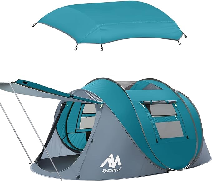 4 Person Pop Up Tents for Camping - AYAMAYA Waterproof Instant Family Tents with Skylight & Removable Rainfly, Upgraded Large Size with 2 Doors -Automatic Easy Setup Beach Tent with Poles