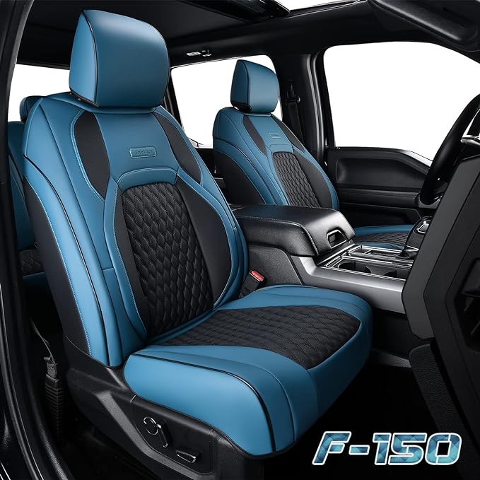 Truckiipa Full Coverage Ford F150 Seat Covers Set, Waterproof Leather Protector Pickup Truck Accessories Cushion Cover, Custom Fit for 2015-2023 Ford F150 Crew Cab, 2017-2022 F250 F350 F450, Black Full Set Black