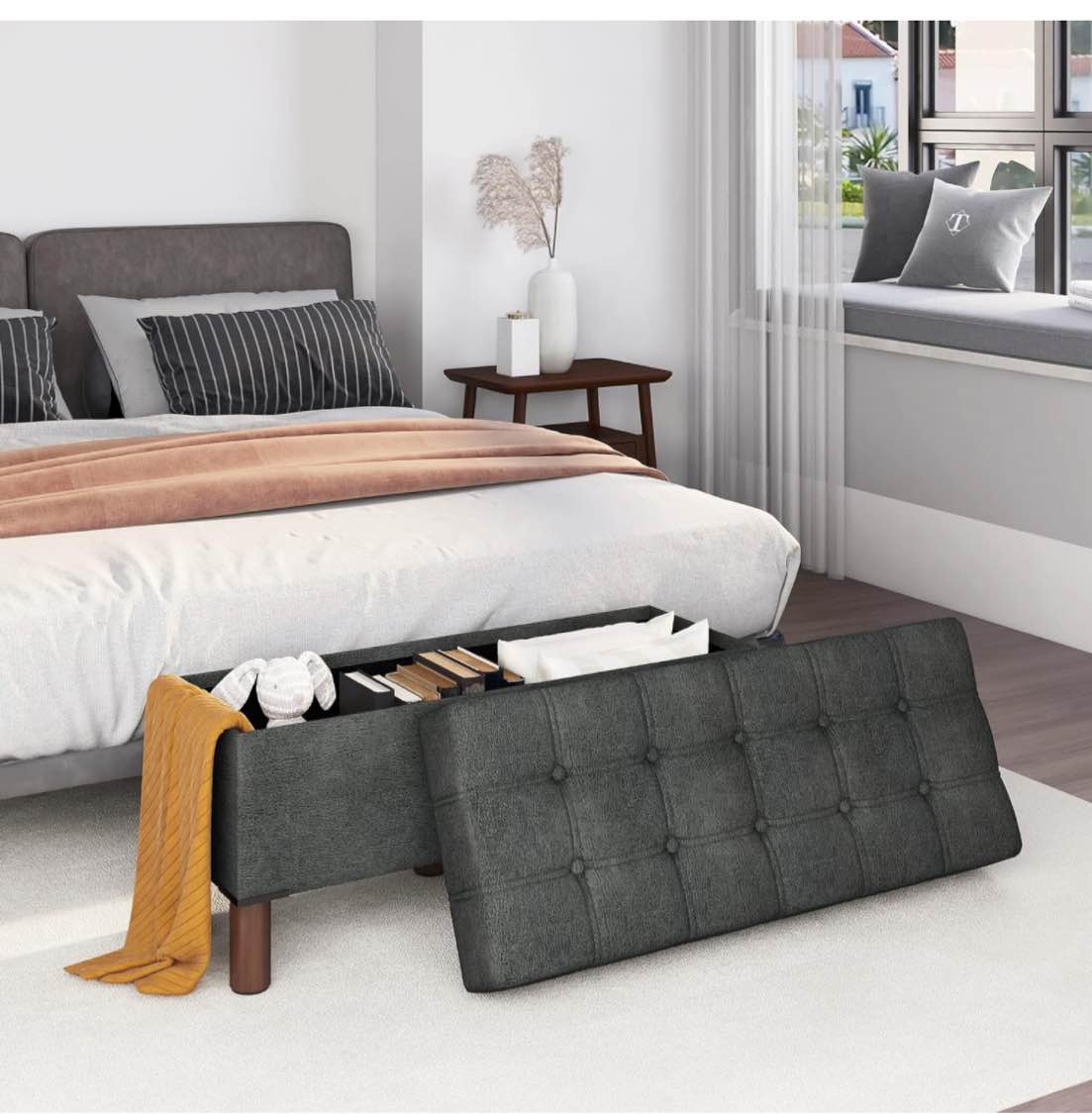 Wancla 40" Folding Storage Ottoman Bench with Wooden Legs Large Storage Space Footrest Stool with Soft Spring Seat 660 lbs Support Bench for Living Room Bedroom Entryway(Leathaire, blue)