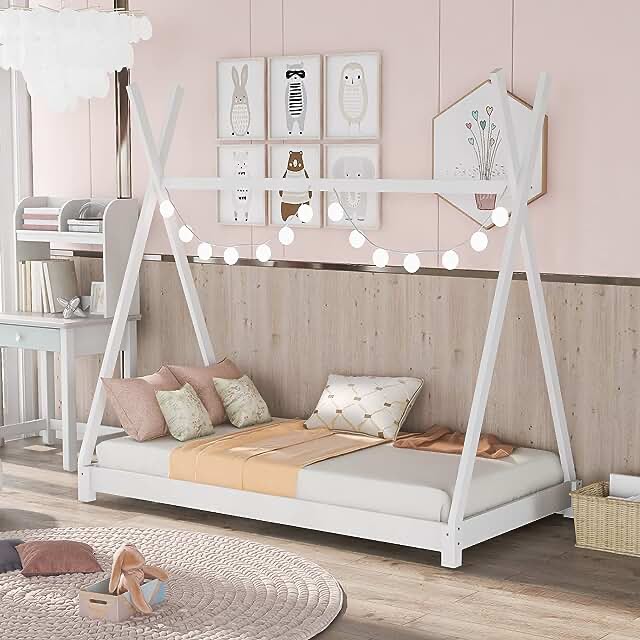 Solid Wood Twin Size Canopy Platform Bed with Triangle Structure, Twin Floor Bed Frame for Boys, Girls, Teens, Mattress Base, No Box Spring Needed