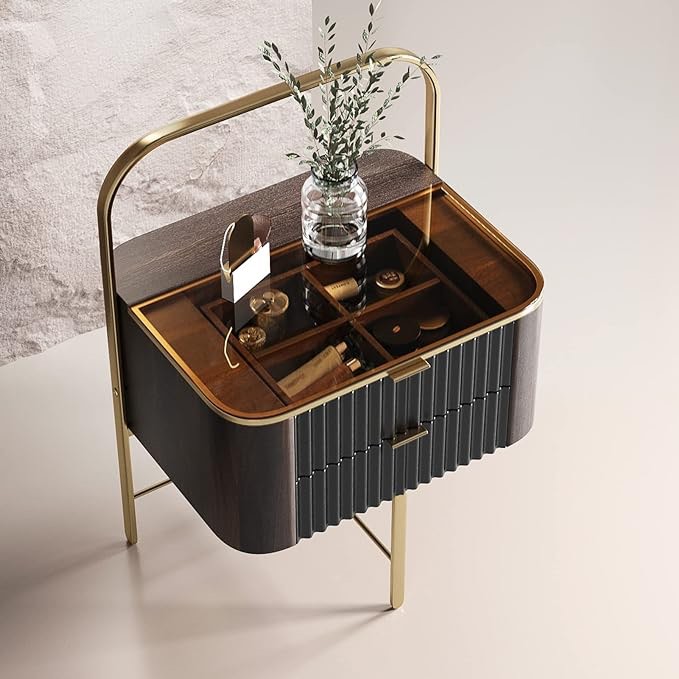 Lartis Premium nightstand, Stylish Design, 2 Drawers,Very Easy to Assembly, End Table Bedside Table?Stainless Steel Gold Plated feet(Elegant Black)