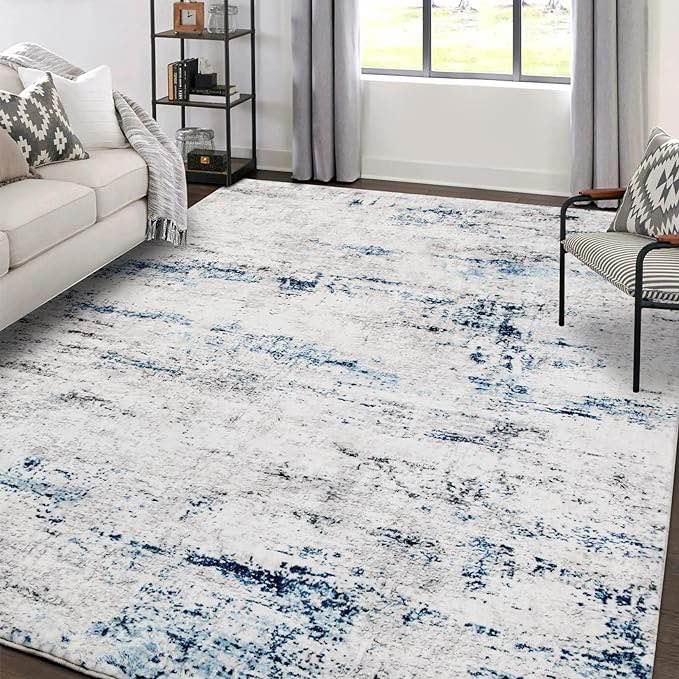 Area Rug Living Room Rugs: 5x7 Large Soft Indoor Carpet Modern Abstract Rug with Non Slip Rubber Backing for Under Dining Table Nursery Home Office Bedroom Gray Blue