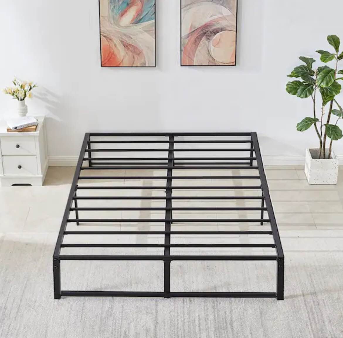 Bed Frame , 55.5" W Metal Platform Bed Frames No Box Spring Needed, Steel Slat Support, Black