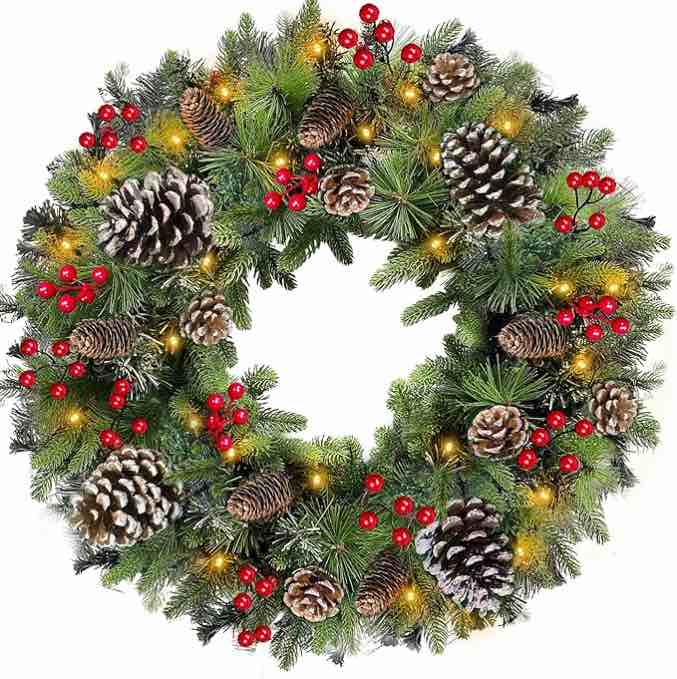 26 Inch Super Large Thick Prelit Christmas Wreath Realistic Feel 80 Lights Timer for Front Door Battery Operated Double Frame 228 Branches 60 Red Berries Jumbo Size 16 Pinecone Christmas Decoration