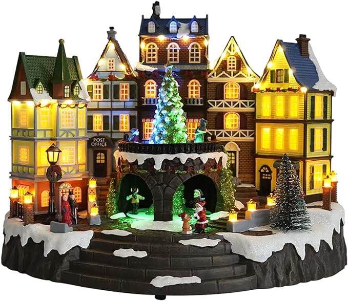 Christmas Village House Decoration,Colourful LED Lights Light Up Streets and Buildings,Rotating Roller Skaters,Music Rendering Atmosphere