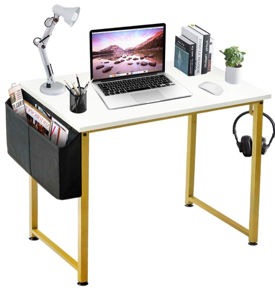LUFEIYA Small Computer Desk White Writing Table for Home Office Small Spaces 31 Inch Modern Student Study Laptop PC Desks with Gold Legs Storage Bag Headphone Hook,White Gold