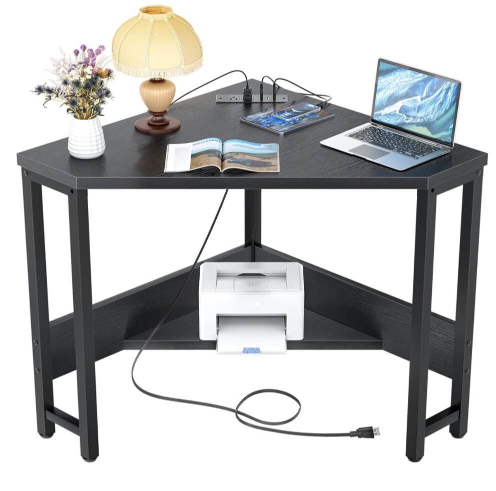 Armocity Corner Desk Small Desk with Outlets Corner Table for Small Space Industrial Computer Desk with USB Ports Triangle Desk with Storage for Home Office, Workstation, Living Room, Bedroom, Rustic