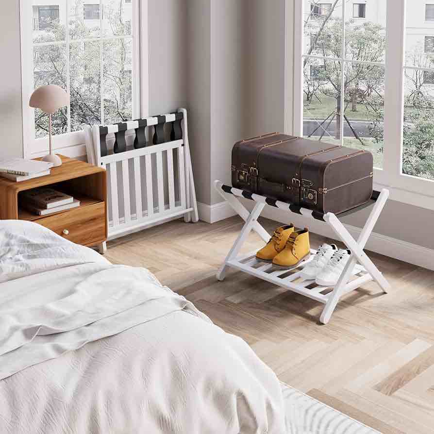 Smuxee Bamboo Luggage Rack Folding Suitcase Stand Shelf, Guest Room, Hotel, White XLJ-XY-R009-WH