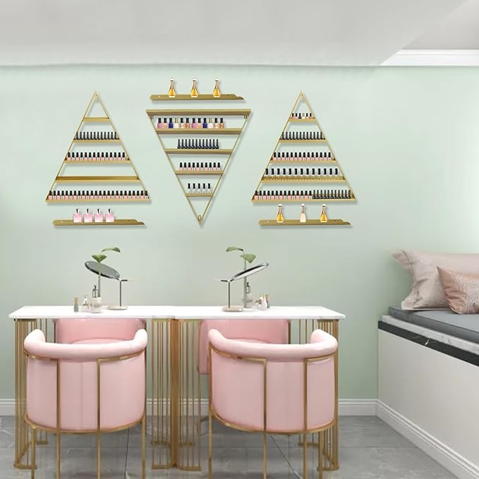 Triangular Nail Polish Display Rack Wall-Mounted, 5 Tiers Metal Free Combination Floating Shelves on Wall, Cosmetic Display Perfume Holder Lipstick Wall Shelf for Nail Salon Shop(Gold
