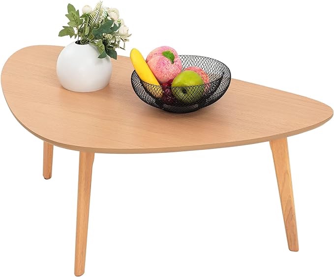 Small Coffee Table Mid Century Modern Wood Oval Coffee Tables Retro Minimalist Style Chic for Living Room,Natural Wooden Texture,Unique Triangle Tabletop,Oak Leg,Easy 