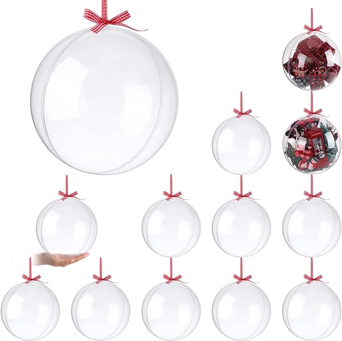 12 Pcs 200mm Clear Plastic Fillable Ornaments Ball with Christmas Ribbons Christmas Decoration Balls DIY Christmas Tree Ornament Hanging Pendants Baubles Ball for Christmas Wedding Home Decor