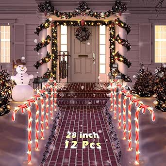COOLWUFAN 28" Christmas Candy Cane Pathway Markers, Set of 12 Pack Christmas Outdoor Decorations Pathway Lights with 72 Warm Lights for Christmas Holiday Party Walkway Patio Garden Yard Lawn Decor