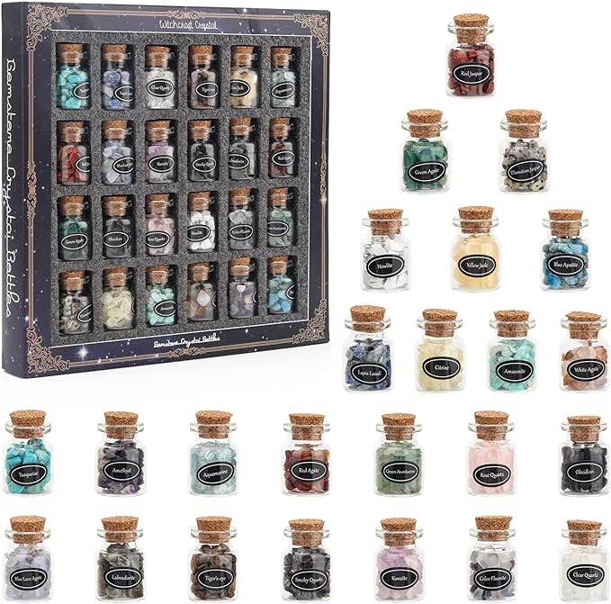 24 Mini Crystal Gemstone Chip Bottle Set-Chakra Healing Crystal and Stone Set for Witchcraft/Wicca Crystal Decor, Tumbled Stone Chips for Home, Office Decoration (24)